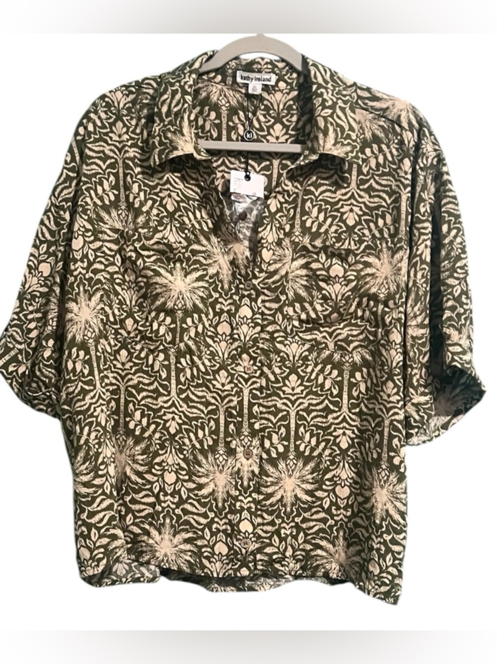 kathy ireland Olive  Botanical Short-Sleeve Button-Down Shirt